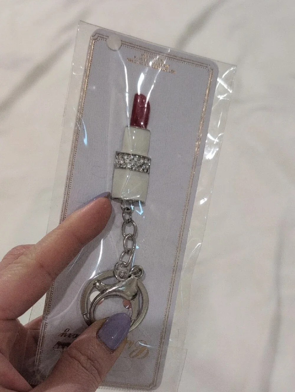 Red Lipstick Charm Keychain Rhinestone & Silver Accents Purse Charm